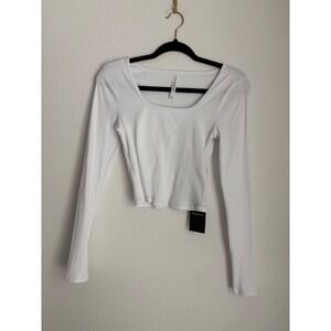 Fabletics Womens White Ribbed Square Neck Long Sleeve Crop Top Small NWT